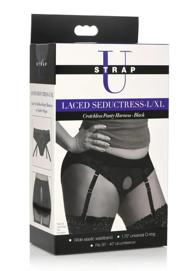 STRAP U Female Sex Toys Strap U Laced Seductress Lace Crotchless Panty Harness with Garter Straps